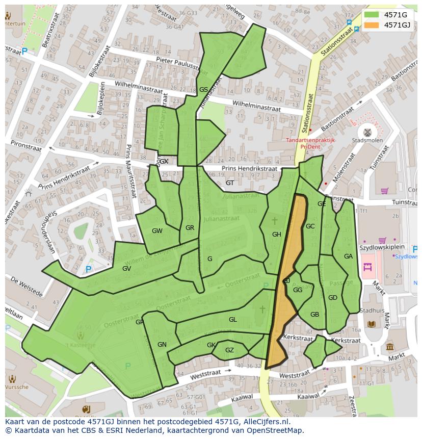 Afbeelding van het postcodegebied 4571 GJ op de kaart.