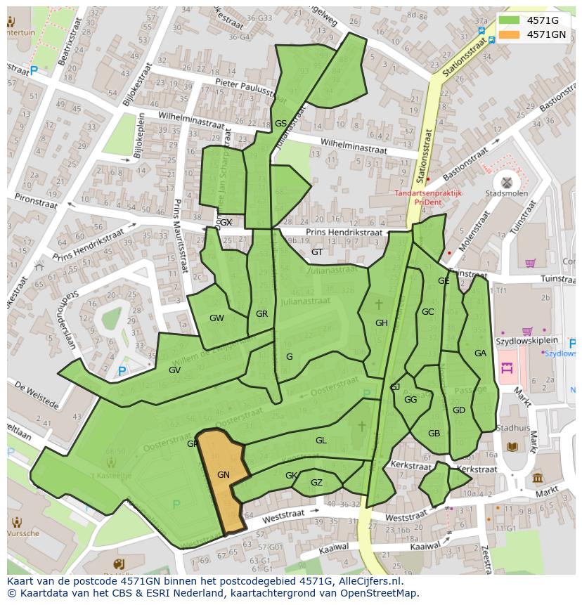 Afbeelding van het postcodegebied 4571 GN op de kaart.