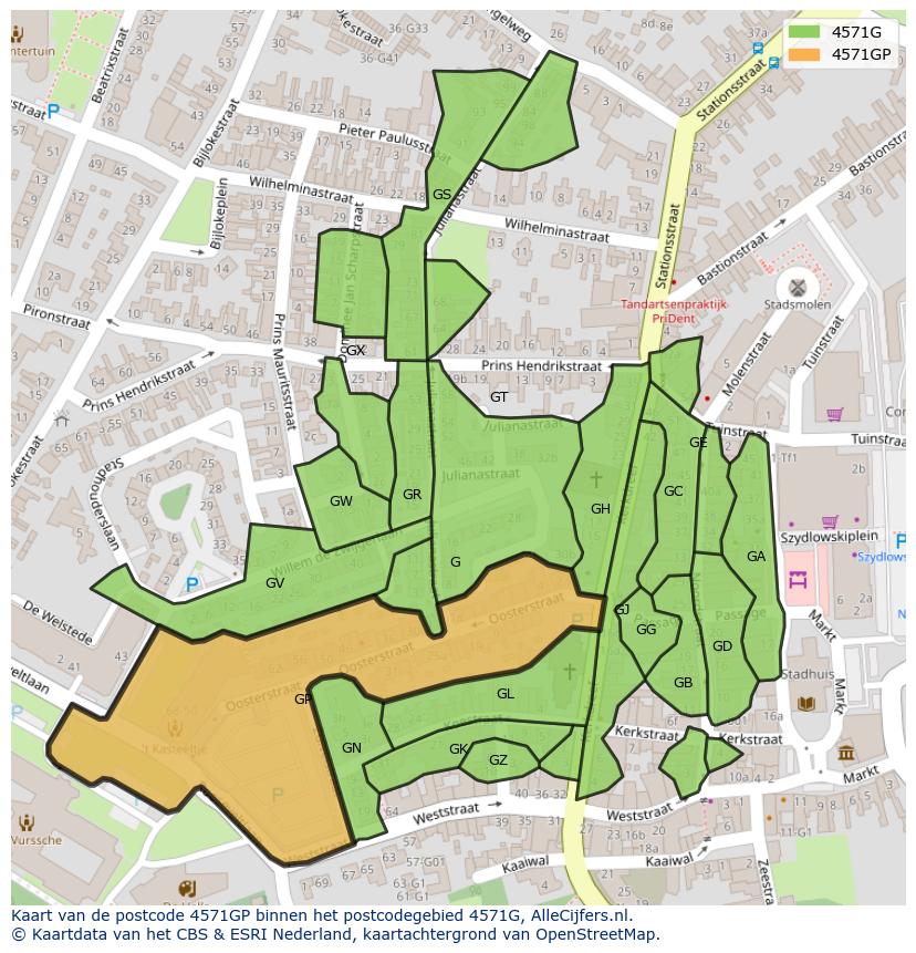 Afbeelding van het postcodegebied 4571 GP op de kaart.