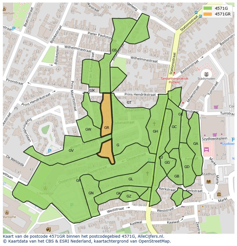 Afbeelding van het postcodegebied 4571 GR op de kaart.