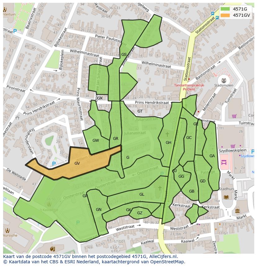 Afbeelding van het postcodegebied 4571 GV op de kaart.