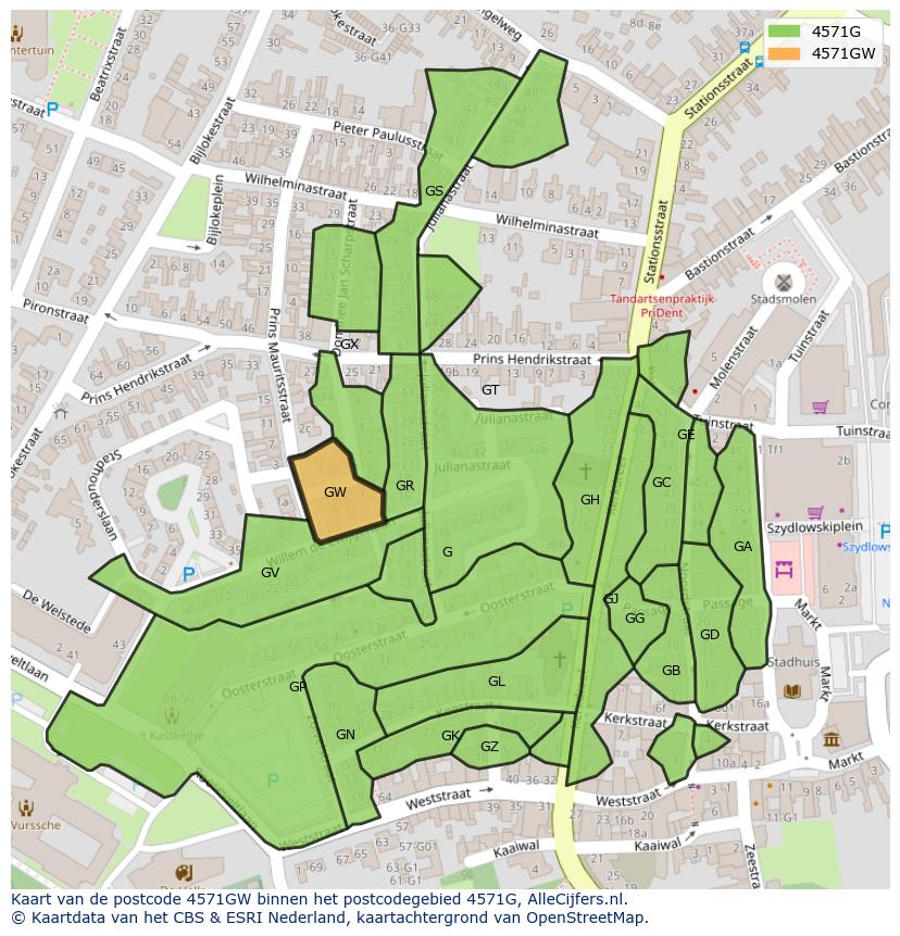 Afbeelding van het postcodegebied 4571 GW op de kaart.