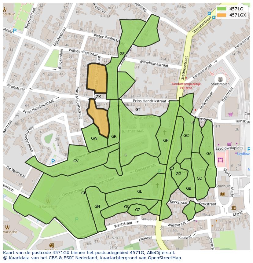Afbeelding van het postcodegebied 4571 GX op de kaart.