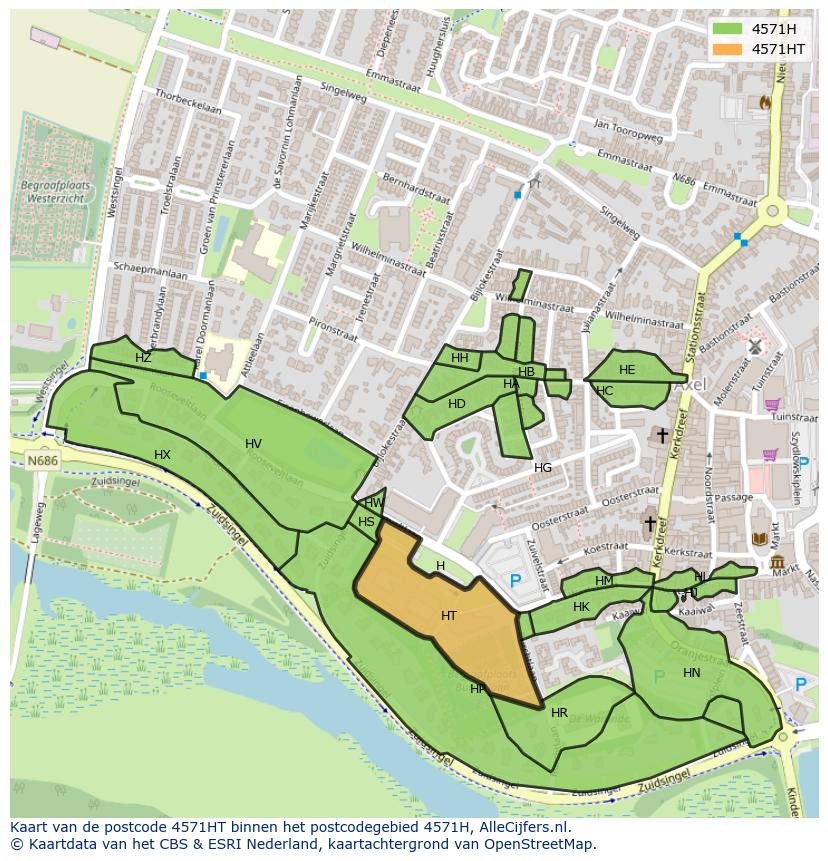 Afbeelding van het postcodegebied 4571 HT op de kaart.