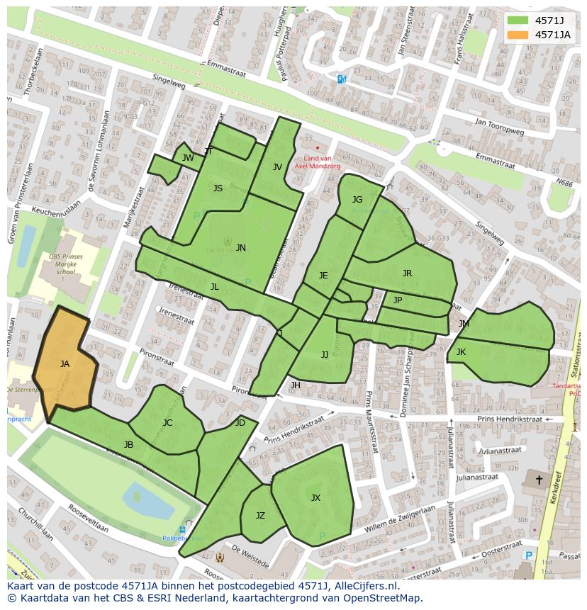 Afbeelding van het postcodegebied 4571 JA op de kaart.