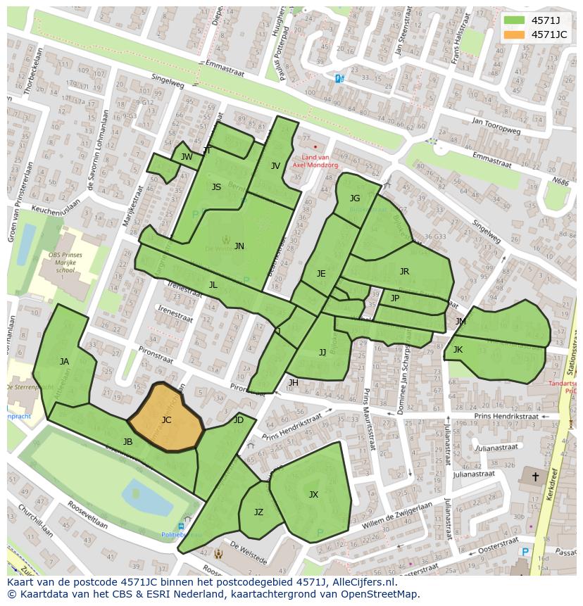 Afbeelding van het postcodegebied 4571 JC op de kaart.