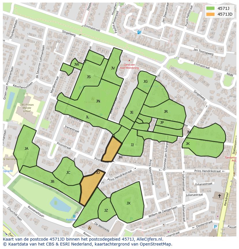 Afbeelding van het postcodegebied 4571 JD op de kaart.