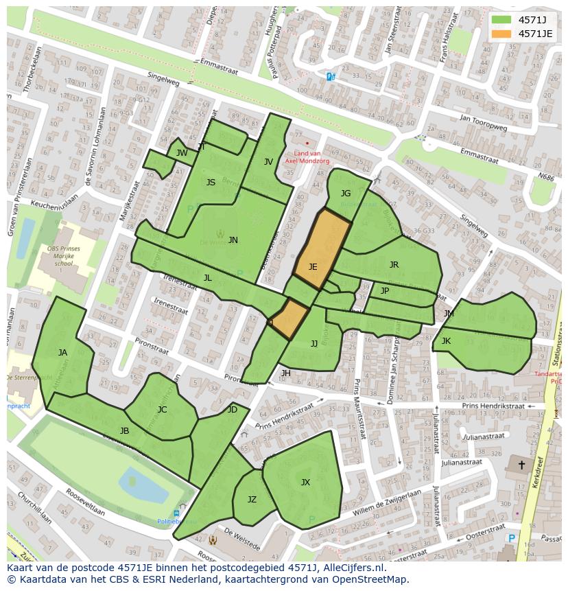 Afbeelding van het postcodegebied 4571 JE op de kaart.