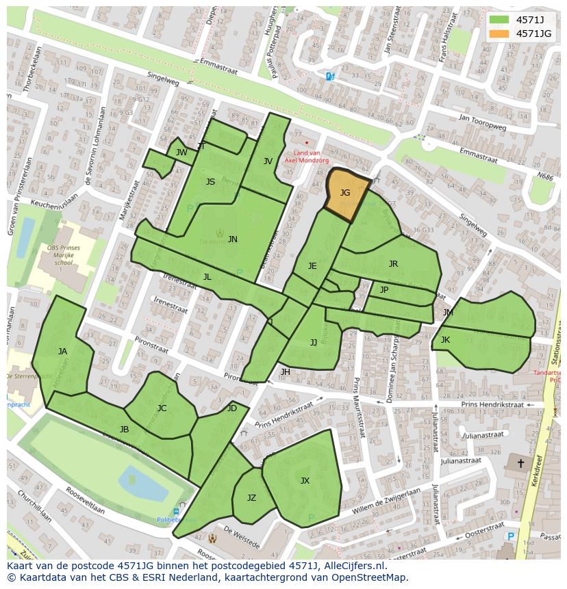 Afbeelding van het postcodegebied 4571 JG op de kaart.