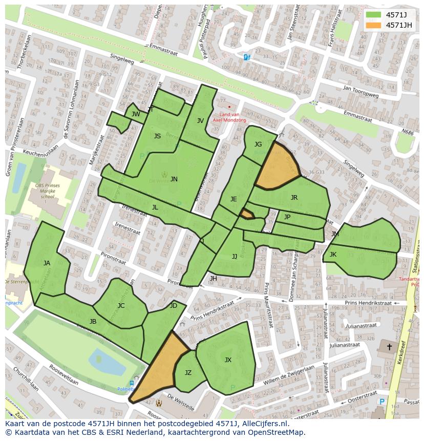 Afbeelding van het postcodegebied 4571 JH op de kaart.