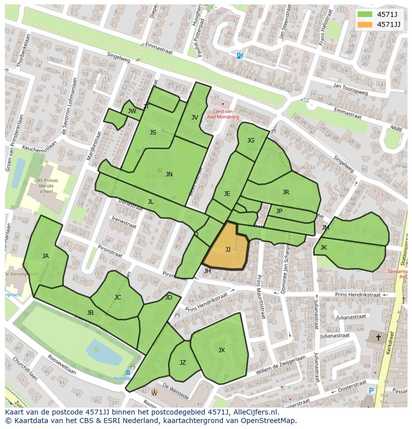 Afbeelding van het postcodegebied 4571 JJ op de kaart.