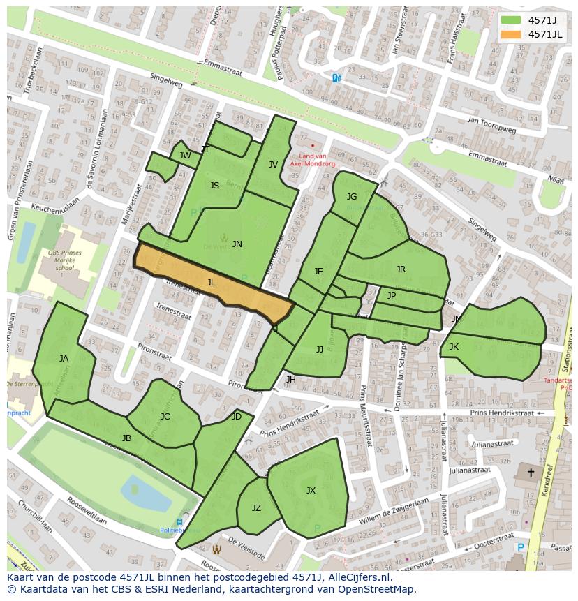 Afbeelding van het postcodegebied 4571 JL op de kaart.