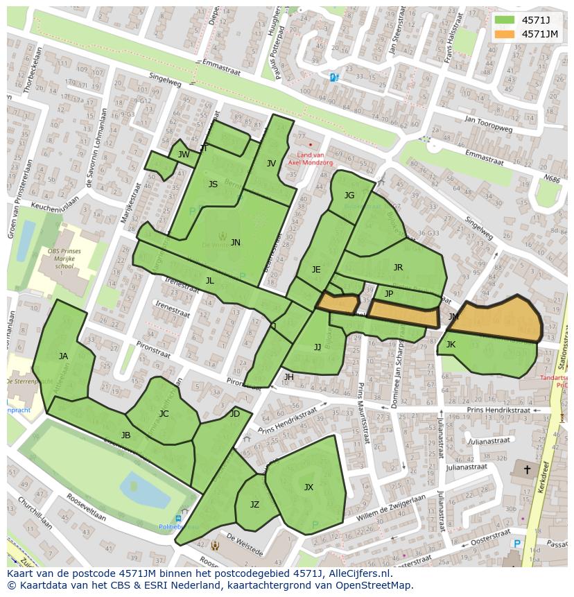 Afbeelding van het postcodegebied 4571 JM op de kaart.