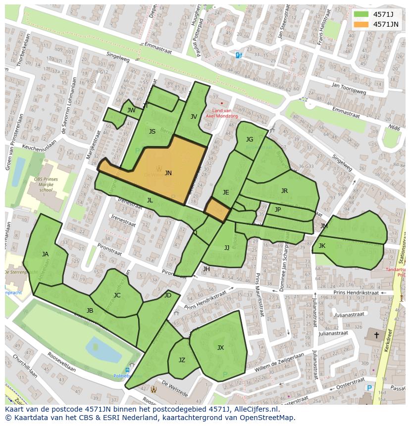 Afbeelding van het postcodegebied 4571 JN op de kaart.