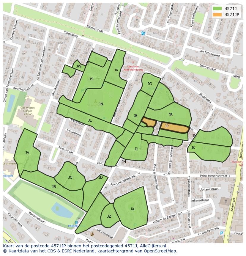 Afbeelding van het postcodegebied 4571 JP op de kaart.