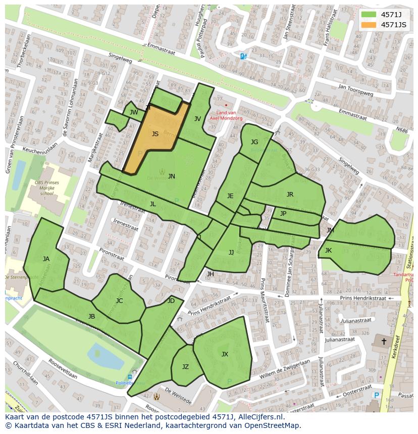 Afbeelding van het postcodegebied 4571 JS op de kaart.