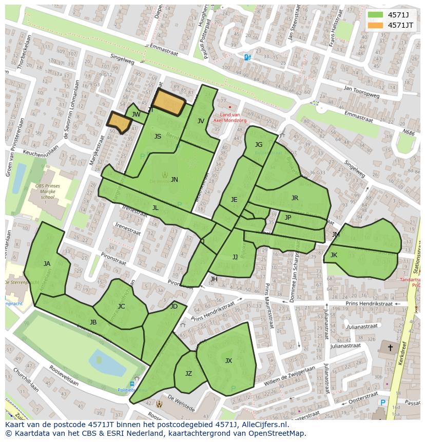 Afbeelding van het postcodegebied 4571 JT op de kaart.