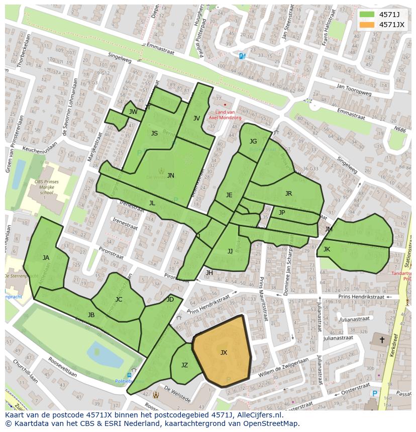 Afbeelding van het postcodegebied 4571 JX op de kaart.
