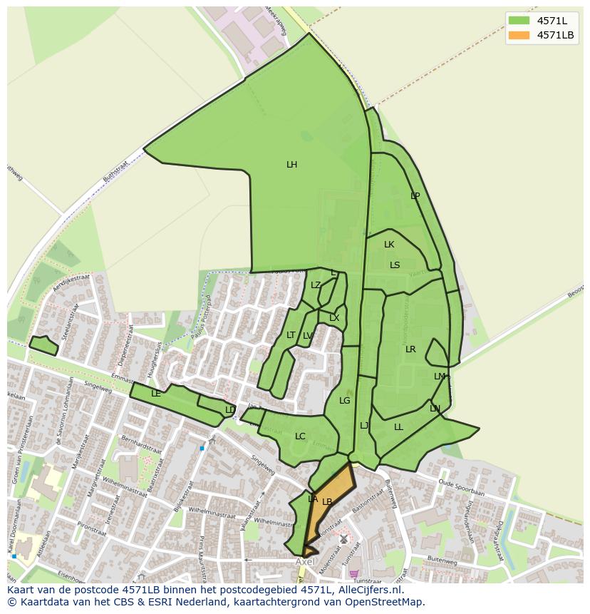 Afbeelding van het postcodegebied 4571 LB op de kaart.