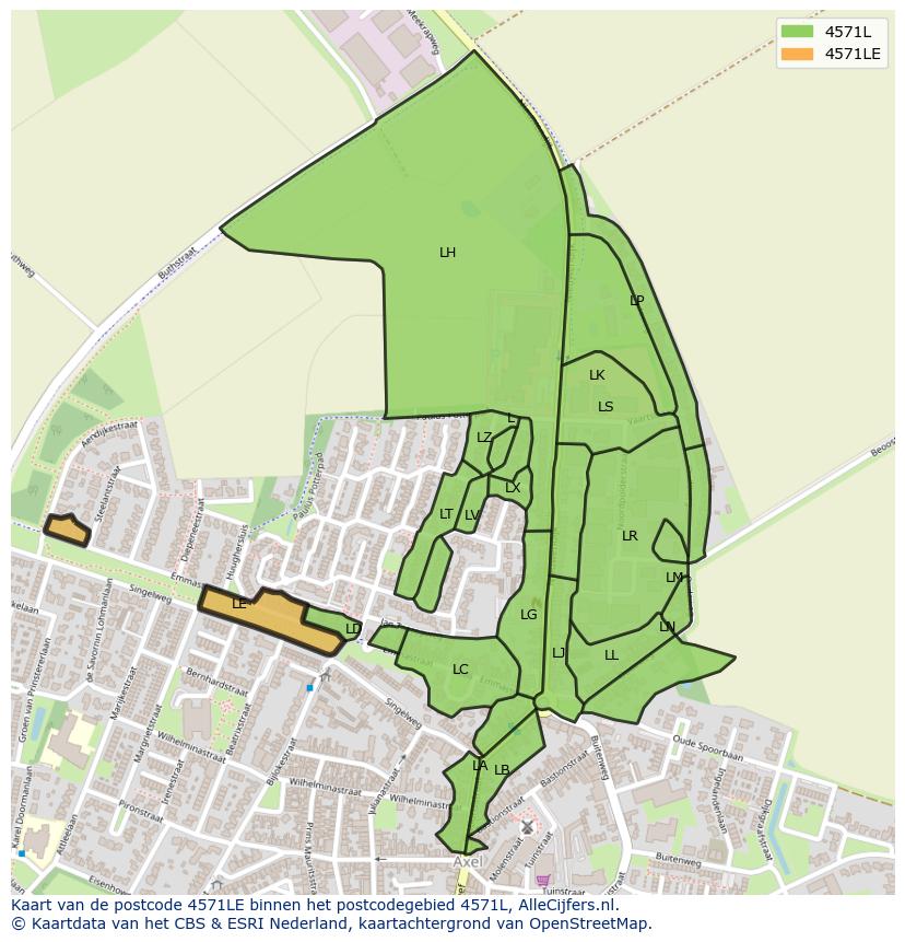 Afbeelding van het postcodegebied 4571 LE op de kaart.