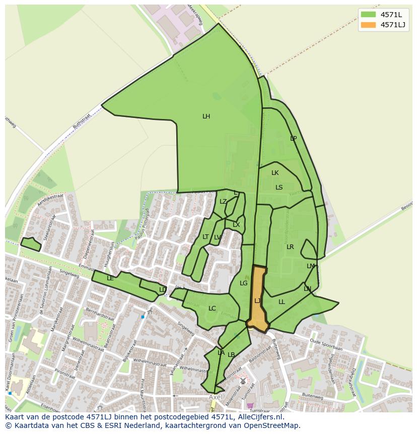 Afbeelding van het postcodegebied 4571 LJ op de kaart.