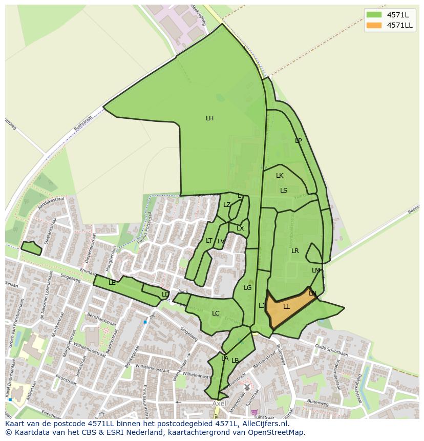 Afbeelding van het postcodegebied 4571 LL op de kaart.