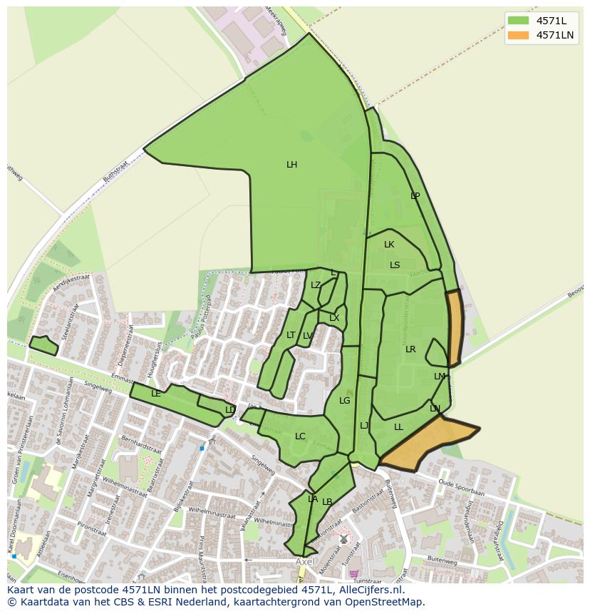 Afbeelding van het postcodegebied 4571 LN op de kaart.