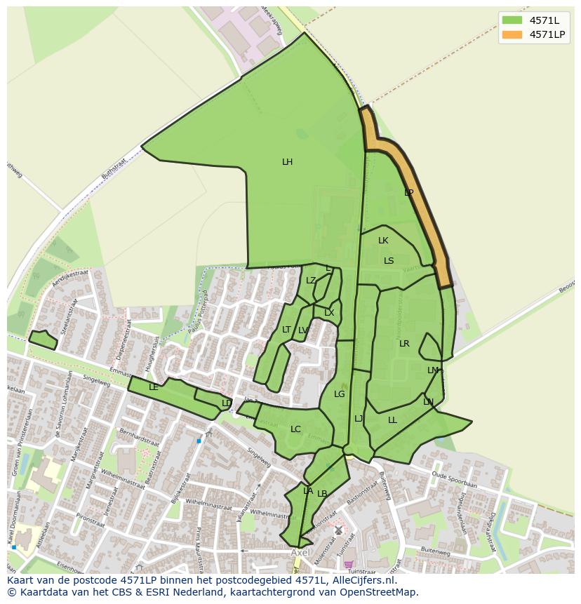 Afbeelding van het postcodegebied 4571 LP op de kaart.
