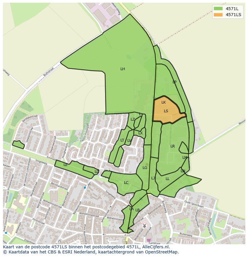 Afbeelding van het postcodegebied 4571 LS op de kaart.