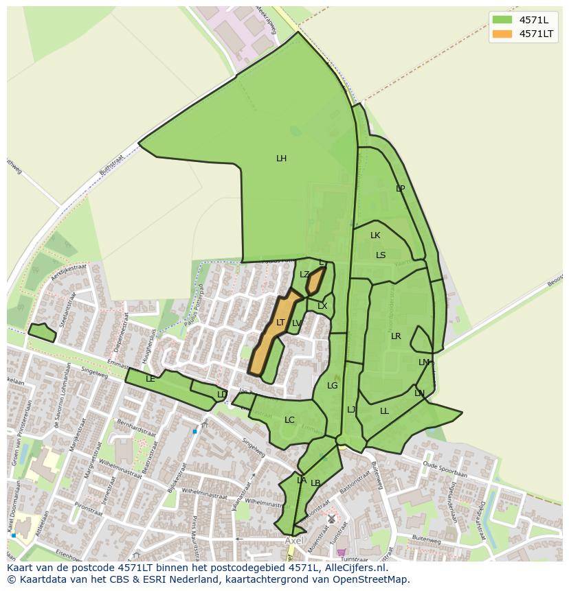 Afbeelding van het postcodegebied 4571 LT op de kaart.