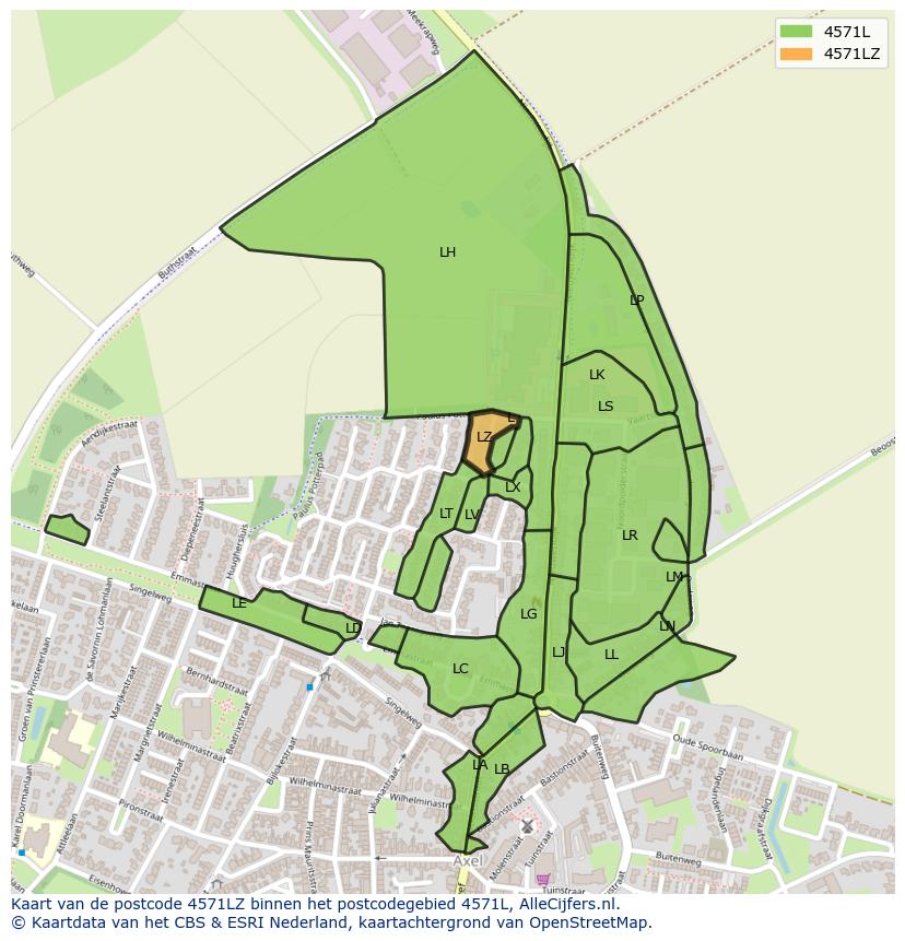 Afbeelding van het postcodegebied 4571 LZ op de kaart.