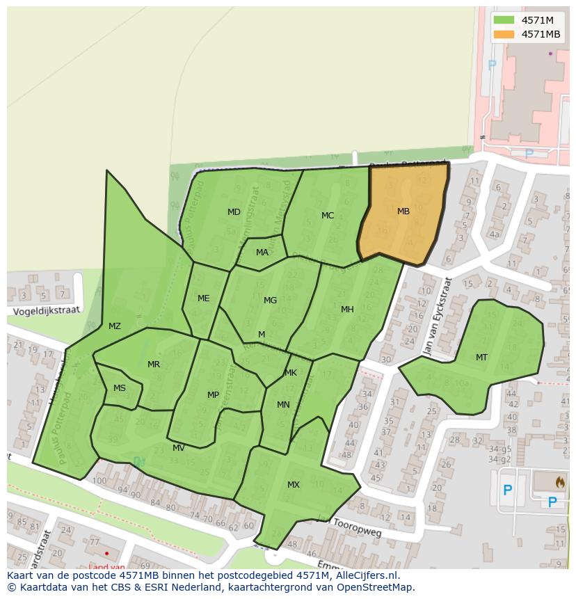 Afbeelding van het postcodegebied 4571 MB op de kaart.