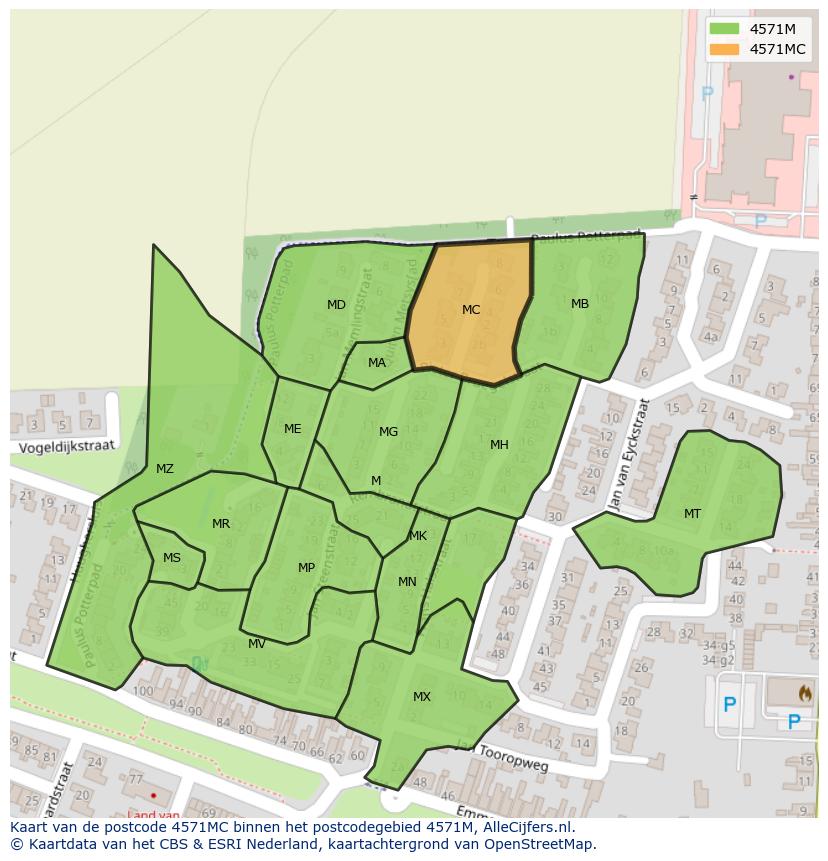Afbeelding van het postcodegebied 4571 MC op de kaart.