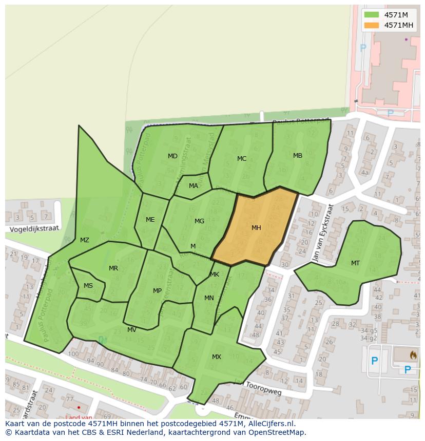 Afbeelding van het postcodegebied 4571 MH op de kaart.