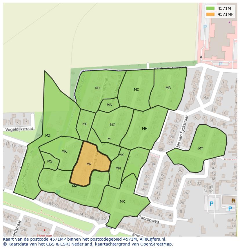 Afbeelding van het postcodegebied 4571 MP op de kaart.