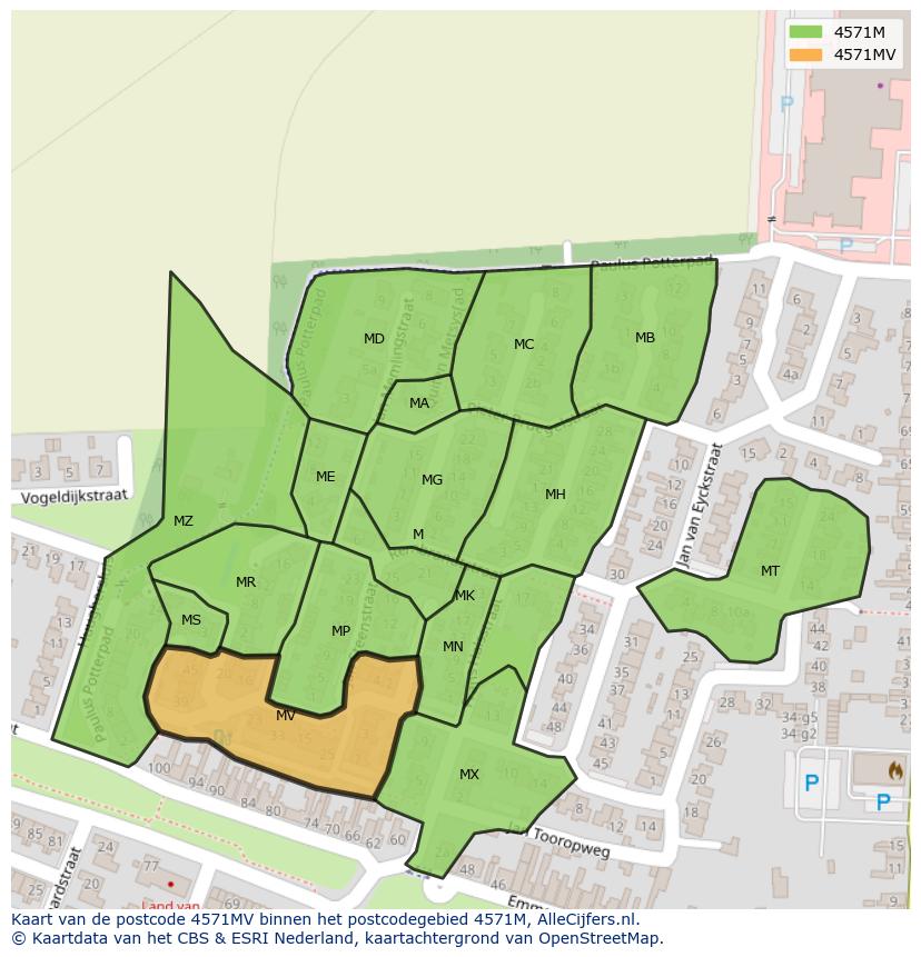 Afbeelding van het postcodegebied 4571 MV op de kaart.
