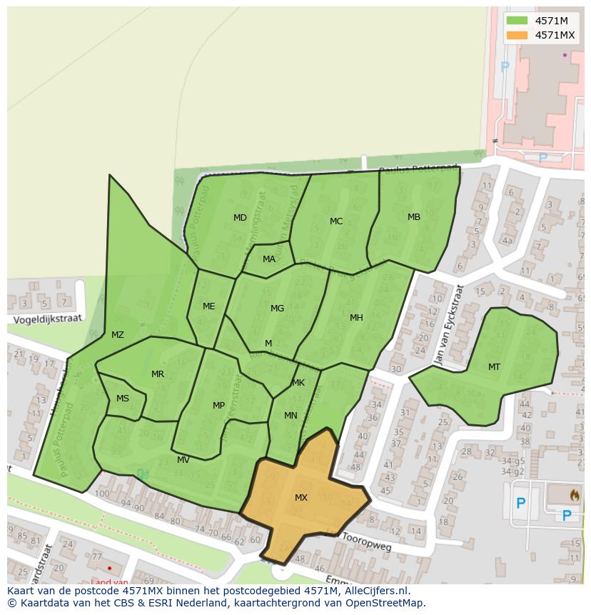 Afbeelding van het postcodegebied 4571 MX op de kaart.