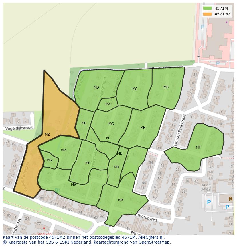 Afbeelding van het postcodegebied 4571 MZ op de kaart.