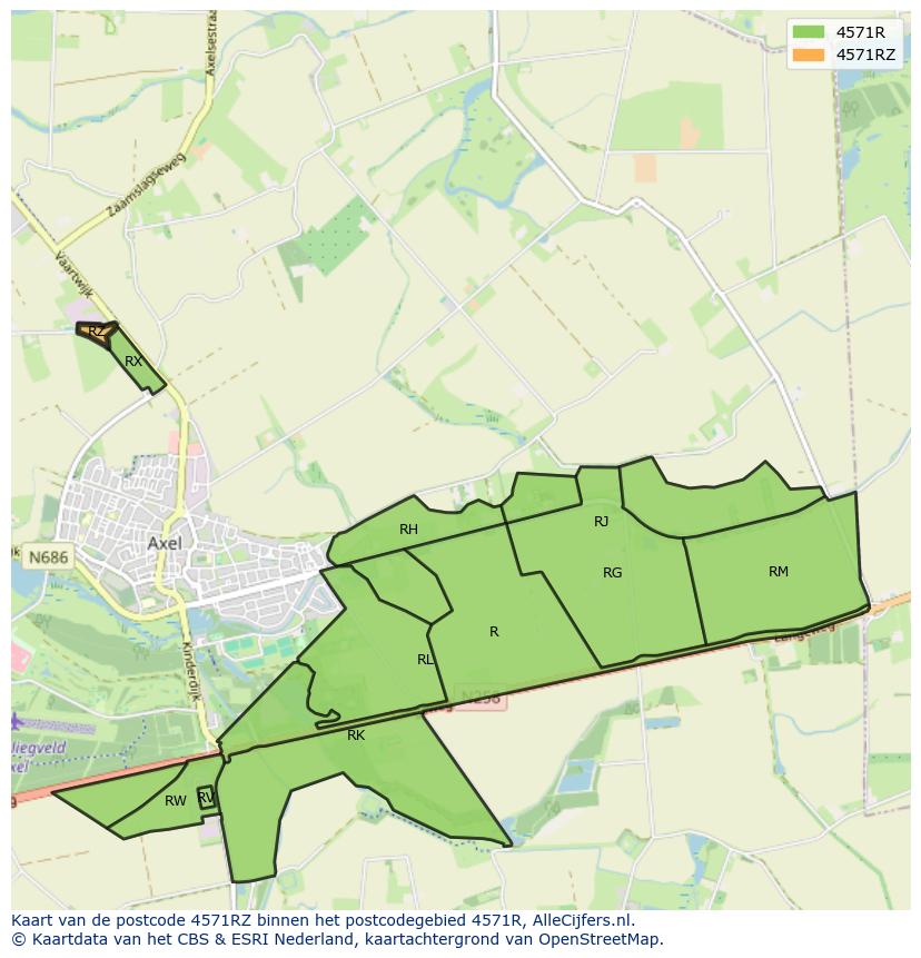 Afbeelding van het postcodegebied 4571 RZ op de kaart.