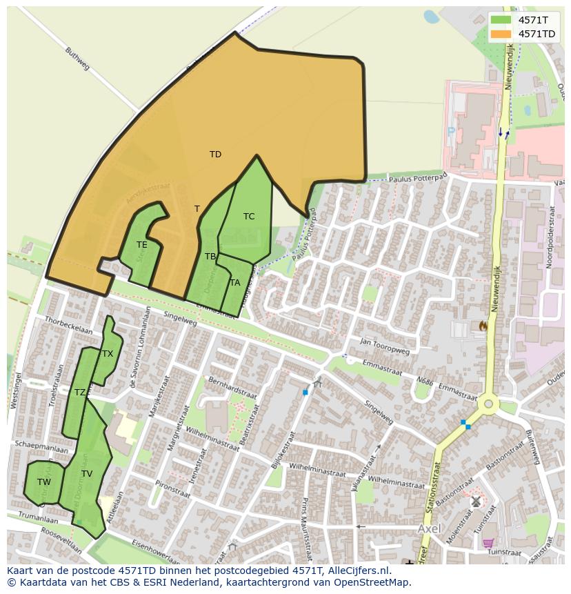 Afbeelding van het postcodegebied 4571 TD op de kaart.