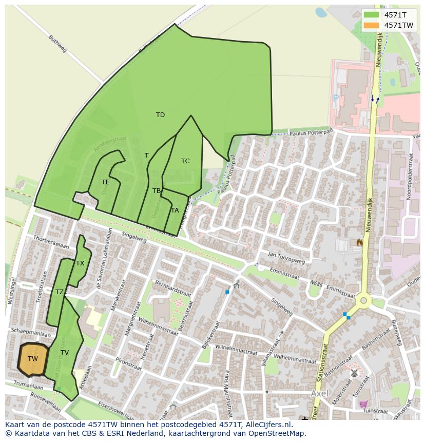 Afbeelding van het postcodegebied 4571 TW op de kaart.