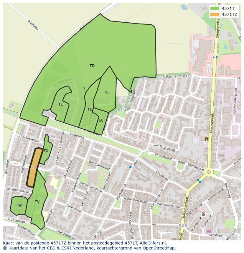 Afbeelding van het postcodegebied 4571 TZ op de kaart.