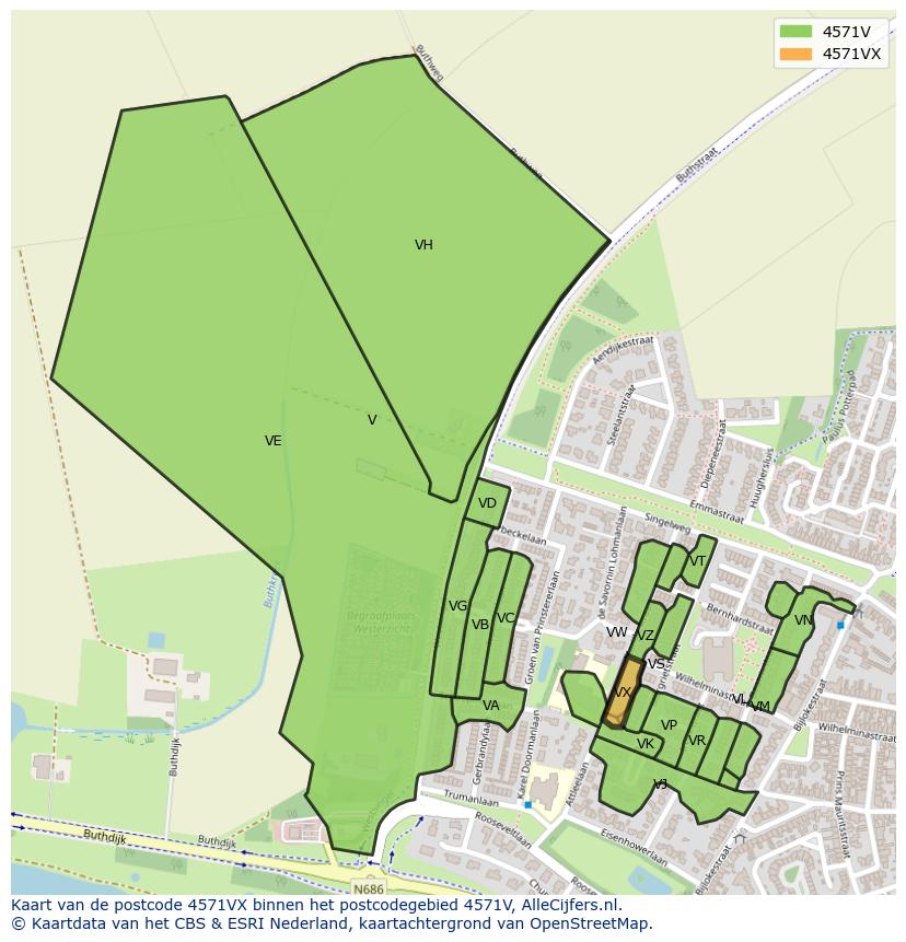 Afbeelding van het postcodegebied 4571 VX op de kaart.