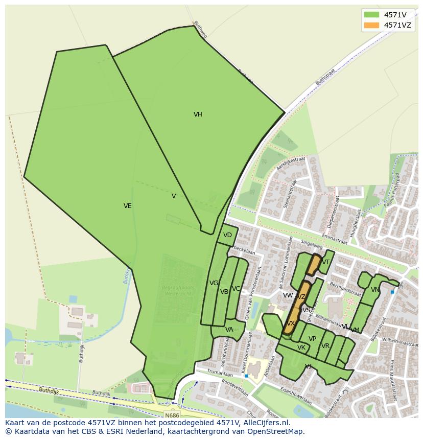 Afbeelding van het postcodegebied 4571 VZ op de kaart.