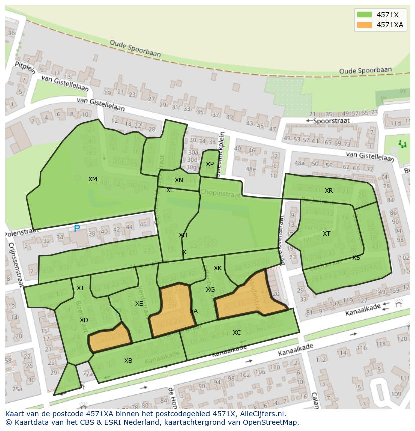 Afbeelding van het postcodegebied 4571 XA op de kaart.