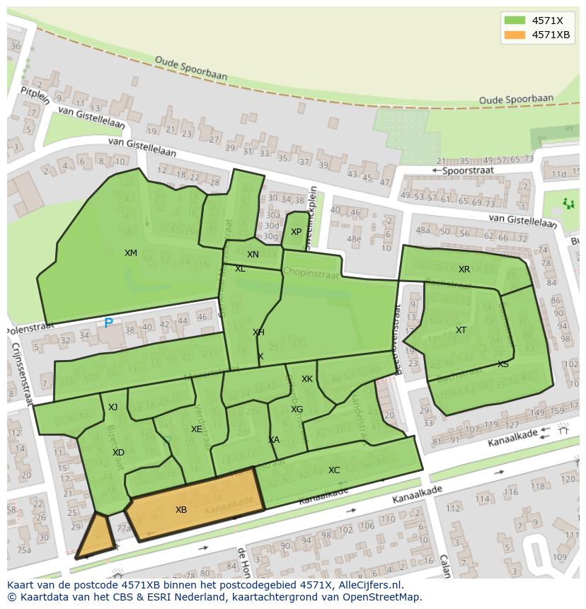 Afbeelding van het postcodegebied 4571 XB op de kaart.