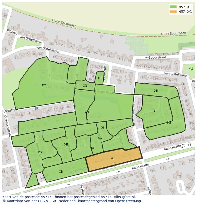 Afbeelding van het postcodegebied 4571 XC op de kaart.