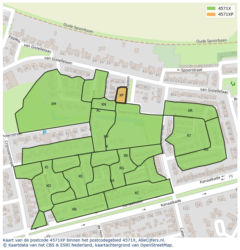 Afbeelding van het postcodegebied 4571 XP op de kaart.