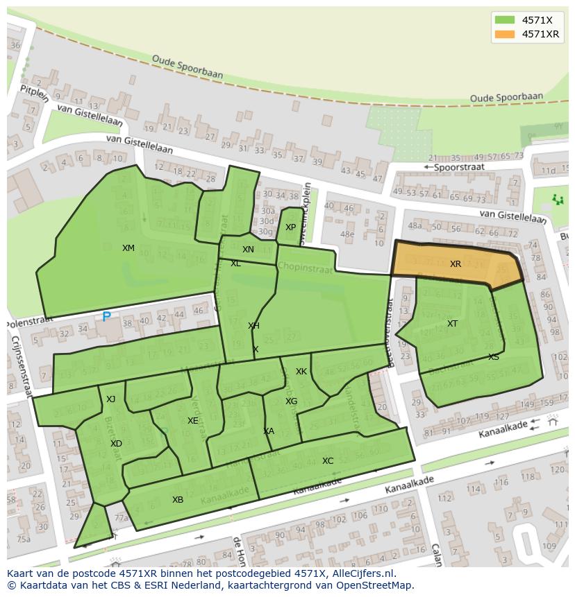 Afbeelding van het postcodegebied 4571 XR op de kaart.