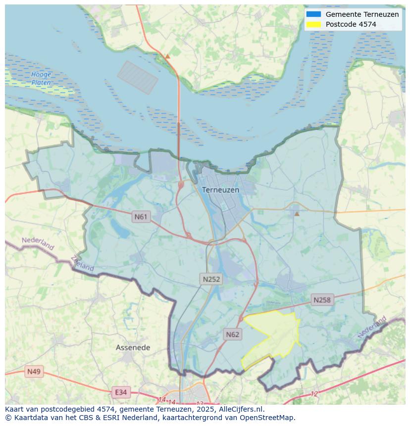 Afbeelding van het postcodegebied 4574 op de kaart.